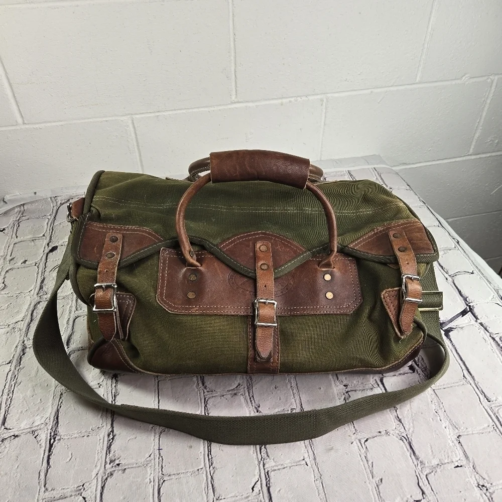 Vtg Orvis Battenkill Gokey khaki heavy canvas leather travel duffle bag